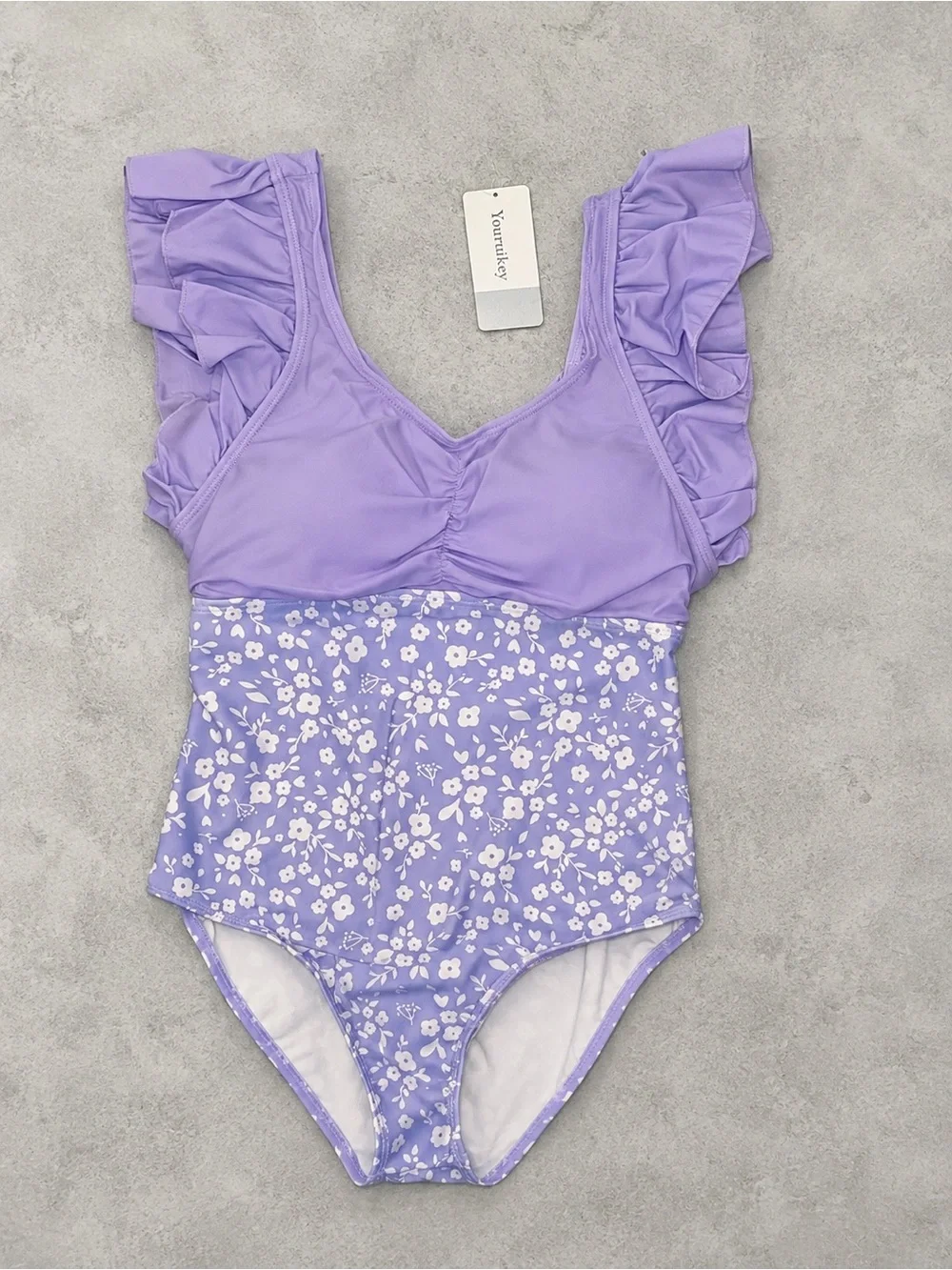 NWT - Youruikey - Girls One Piece Swimsuit Floral Ruffle Bow Back Bathing Suit